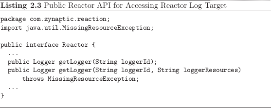 \begin{listing}
% latex2html id marker 382\begin{small}\begin{verbatim}packa...
...ll}
\caption{Public Reactor API for Accessing Reactor Log Target}
\end{listing}