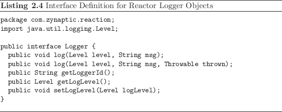 \begin{listing}
% latex2html id marker 391\begin{small}\begin{verbatim}packa...
...{small}
\caption{Interface Definition for Reactor Logger Objects}
\end{listing}