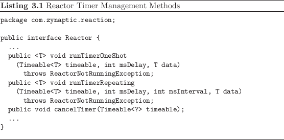 \begin{listing}
% latex2html id marker 606\begin{small}\begin{verbatim}packa...
...nd{verbatim} \end{small}\caption{Reactor Timer Management Methods}
\end{listing}