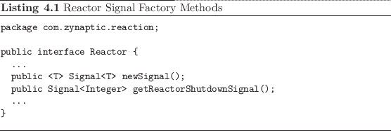 \begin{listing}
% latex2html id marker 841\begin{small}\begin{verbatim}packa...
...\end{verbatim} \end{small}\caption{Reactor Signal Factory Methods}
\end{listing}