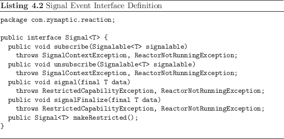 \begin{listing}
% latex2html id marker 854\begin{small}\begin{verbatim}packa...
...d{verbatim} \end{small}\caption{Signal Event Interface Definition}
\end{listing}