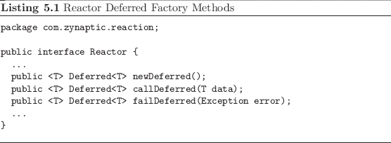 \begin{listing}
% latex2html id marker 1099\begin{small}\begin{verbatim}pack...
...nd{verbatim} \end{small}\caption{Reactor Deferred Factory Methods}
\end{listing}