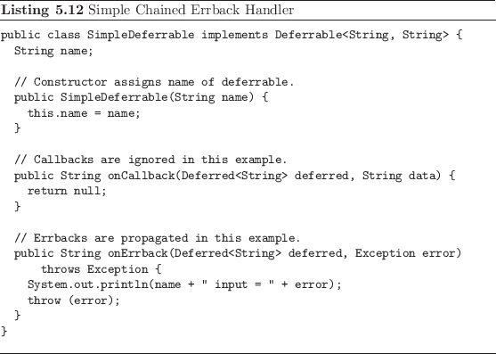 \begin{listing}
% latex2html id marker 1255\begin{small}
\begin{verbatim}pub...
...\end{verbatim}
\end{small}\caption{Simple Chained Errback Handler}
\end{listing}