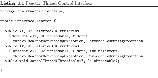 \begin{listing}
% latex2html id marker 1648\begin{small}\begin{verbatim}pack...
...nd{verbatim} \end{small}\caption{Reactor Thread Control Interface}
\end{listing}