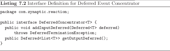 \begin{listing}
% latex2html id marker 1929\begin{small}\begin{verbatim}pack...
...all}\caption{Interface Definition for Deferred Event Concentrator}
\end{listing}