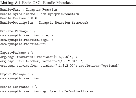 \begin{listing}
% latex2html id marker 2059\begin{small}\begin{verbatim}Bund...
...ator\end{verbatim} \end{small}\caption{Basic OSGi Bundle Metadata}
\end{listing}