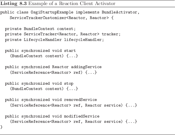 \begin{listing}
% latex2html id marker 2095\begin{small}\begin{verbatim}publ...
...batim} \end{small}\caption{Example of a Reaction Client Activator}
\end{listing}