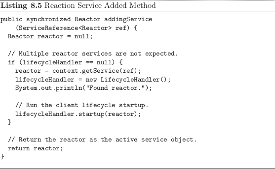 \begin{listing}
% latex2html id marker 2122\begin{small}\begin{verbatim}publ...
...}\end{verbatim} \end{small}\caption{Reaction Service Added Method}
\end{listing}