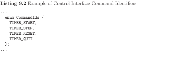 \begin{listing}
% latex2html id marker 2287\begin{small}\begin{verbatim}...
...
...d{small}\caption{Example of Control Interface Command Identifiers}
\end{listing}
